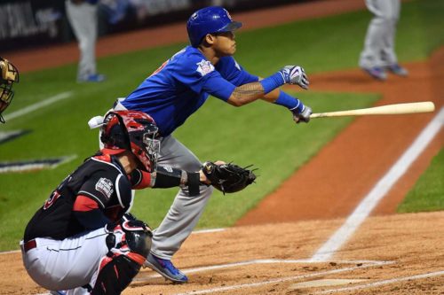Chicago Cubs shortstop ADDISON RUSSELL doubles in the first inning