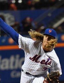 Mets starting pitcher Noah Syndergaard(Thor) throws his final(103rd) pitch of the game