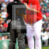 Red Sox manager JOHN FARRELL argues with home plate umpire