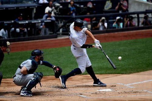 Yankees right fielder Aaron Judge hits a two-run home run in the first inning