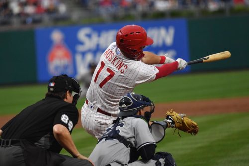 Phillies left fielder Rhys Hoskins hits a three run home run
