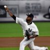 Yankees starting pitcher Luis Severino pitches his 99th and last pitch to Boston