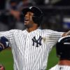 Yankees leadoff hitter AARON HICKS celbrates hitting his first of three home runs