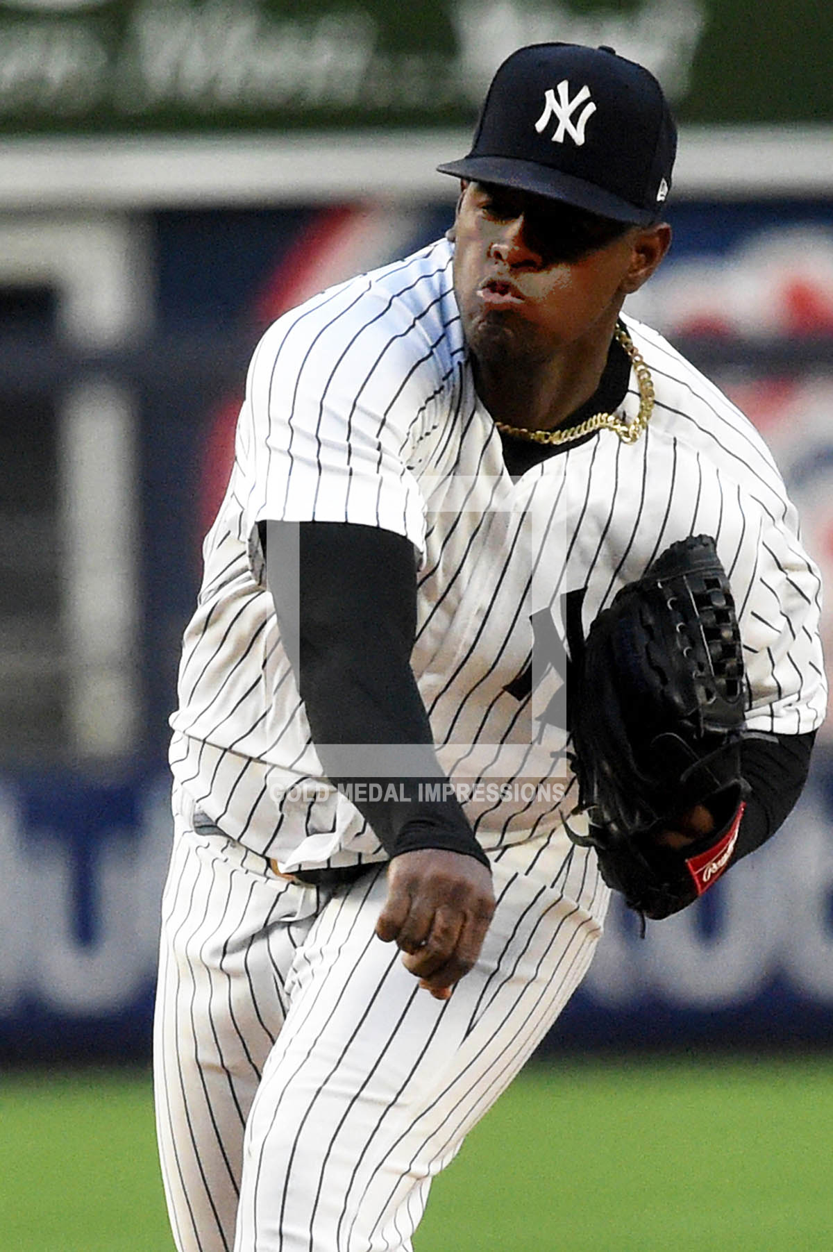 New York Yankees starting pitcher Luis Severino throws a home run pitch