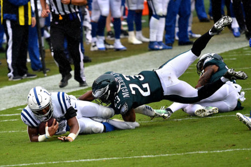 Philadelphia Eagles safety Rodney McCleod severely injures his leg while tackling Colts running back Nyheim Hines