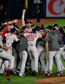 The Boston Red Sox celebrate winning the AL Division Series