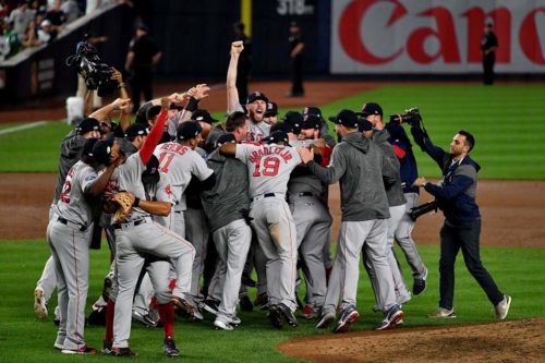 The Boston Red Sox celebrate winning the AL Division Series
