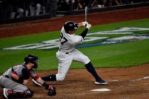 Yankess slugger Giancarlo Stanton strikes out in the ninth inning