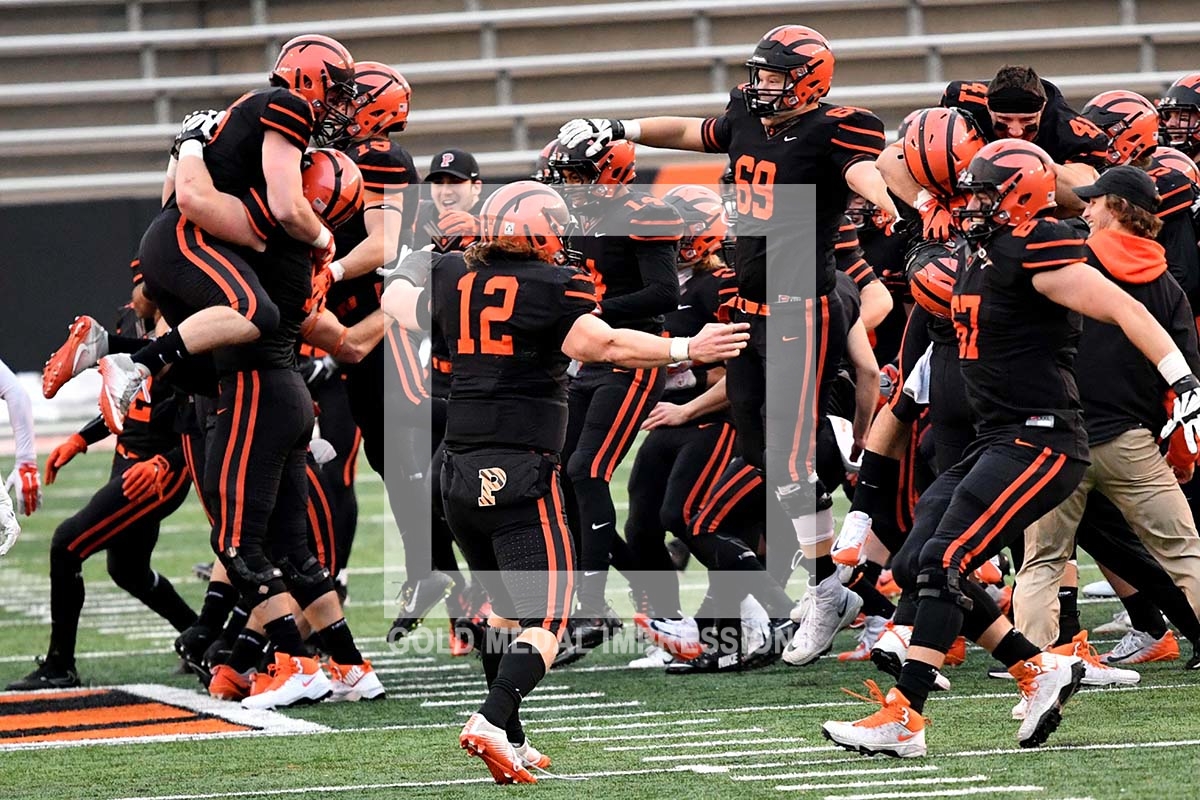 Princeton University football team celebrate their undefeated season