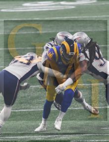 LA Rams quarterback Jared Goff sacked by the ferocious New England defense led by Kyle VanNoy and Adrian Clayborn