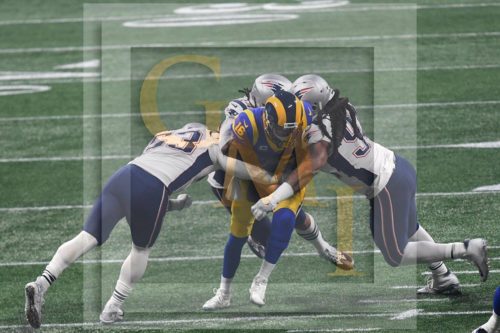 LA Rams quarterback Jared Goff sacked by the ferocious New England defense led by Kyle VanNoy and Adrian Clayborn