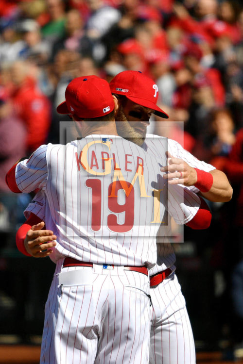 WELCOME Bryce: Philadelphia Phillies manager Gabe Kapler welcomes Bryce Harper to their home opener