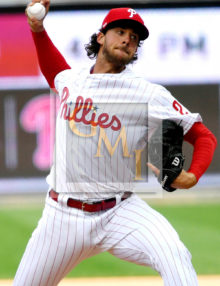 Phillies starting pitcher Aaron Nola throws his 98th and final pitch in the sixth inning
