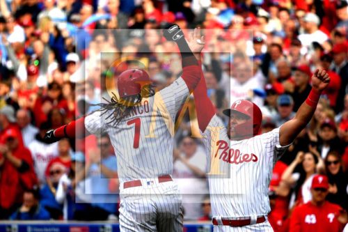 Philadelphia Phillies third baseman Maikel Franco celebrates hitting a three-run home run