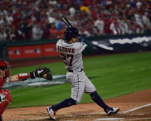 Houston Astros Jose Altuve at bat against Phillies in Game 3 of the 2022 World Series