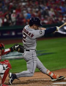 Houston Astros Alex Bregman at bat against Phillies in Game 3 of the 2022 World Series