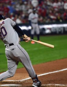 Houston Astros Kyle Tucker at bat against Phillies in Game 3 of the 2022 World Series