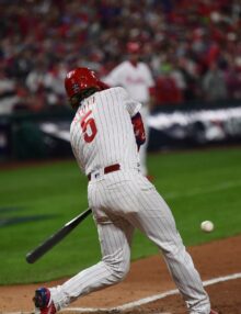 Philadelphia Phillies Bryston Stott at bat against Astros in Game 3 of the 2022 World Series