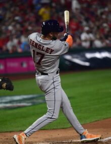 Houston Astros David Hensley at bat against Phillies in Game 3 of the 2022 World Series