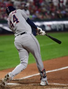 Houston Astros Yordan Alverez at bat against Phillies in Game 3 of the 2022 World Series