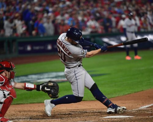 Houston Astros Chaz McCormick at bat against Phillies in Game 3 of the 2022 World Series