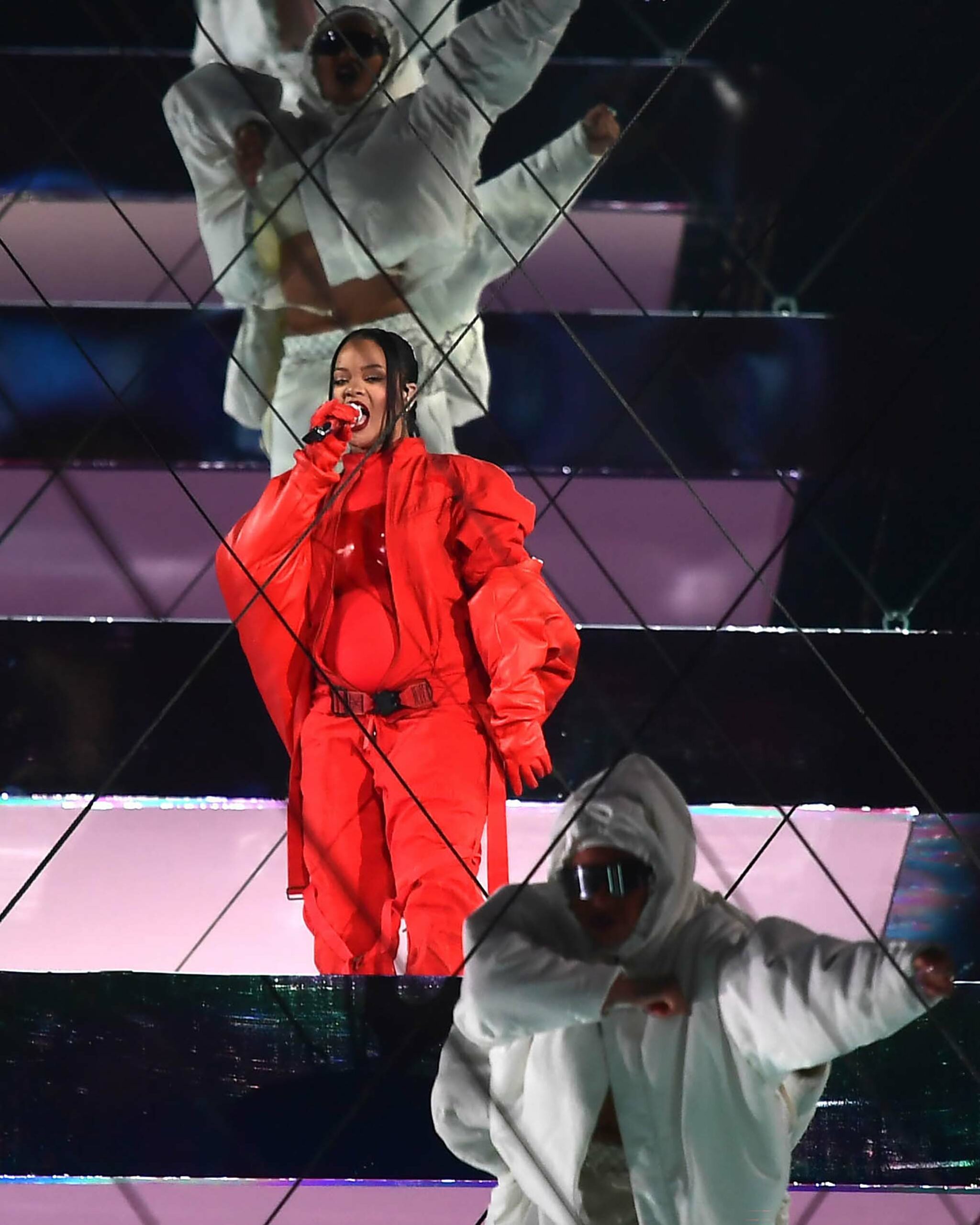 RIHANNA sings in the half time show at Super Bowl LVII