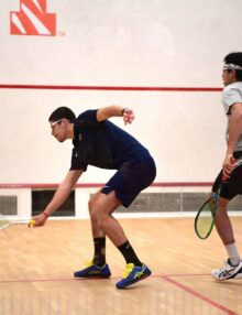 Trinity College's Mohamad Sharaf returns a volley against Princeton University's Daelum Mawji, moving Trinity on to Nationals. One of the many Iconic Images we captured during the Womens & Mens Squash matches between Trinity College and Princeton University which took place January 28th 2023.