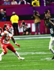 Philadelphia Eagles wide receiver, DeVONTA SMITH receives a JALEN HURTS pass at the end of the second quarter. The Chiefs went on to win 38-35 on a last miinute field goal.
