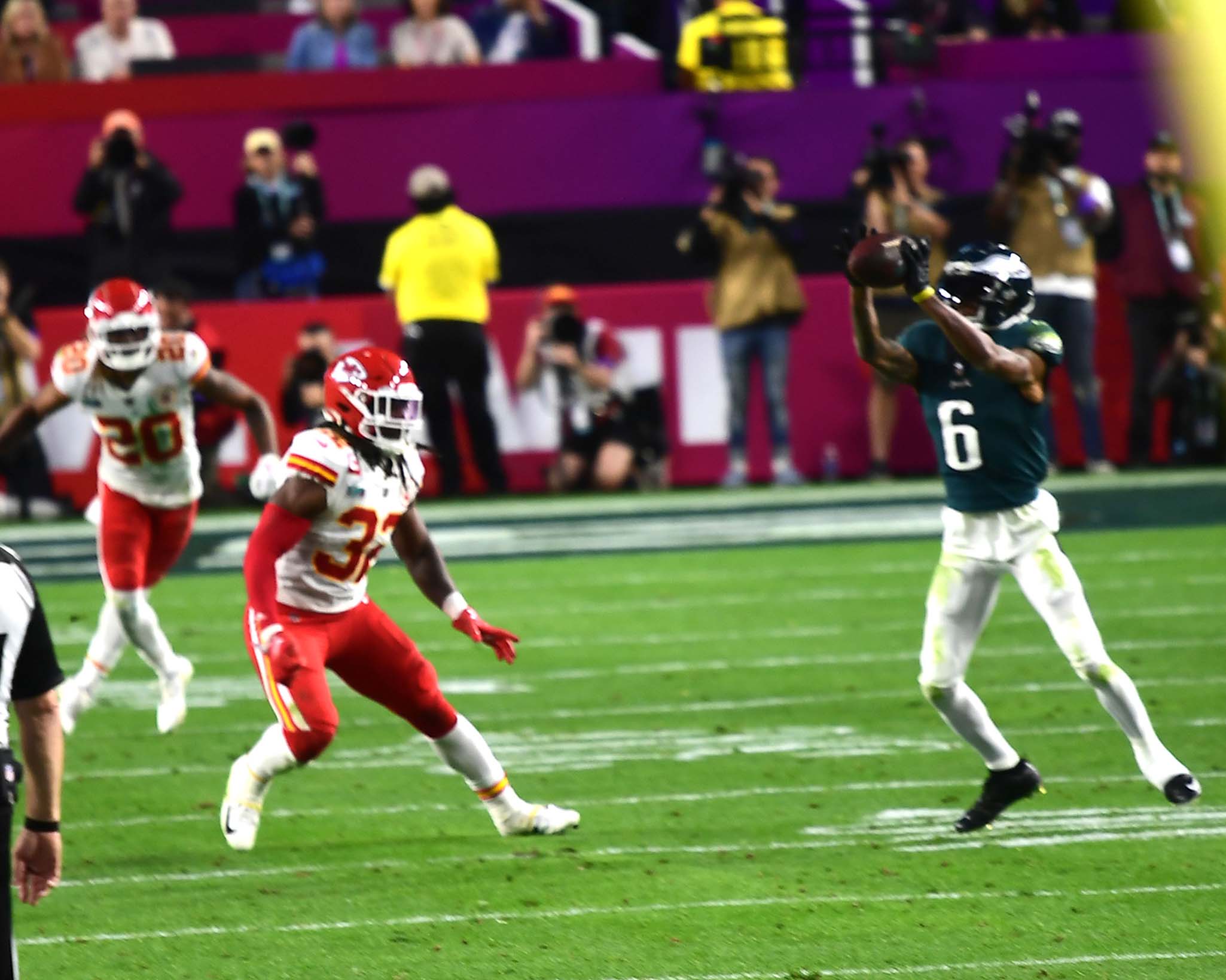 Philadelphia Eagles wide receiver, DeVONTA SMITH receives a JALEN HURTS pass at the end of the second quarter. The Chiefs went on to win 38-35 on a last miinute field goal.