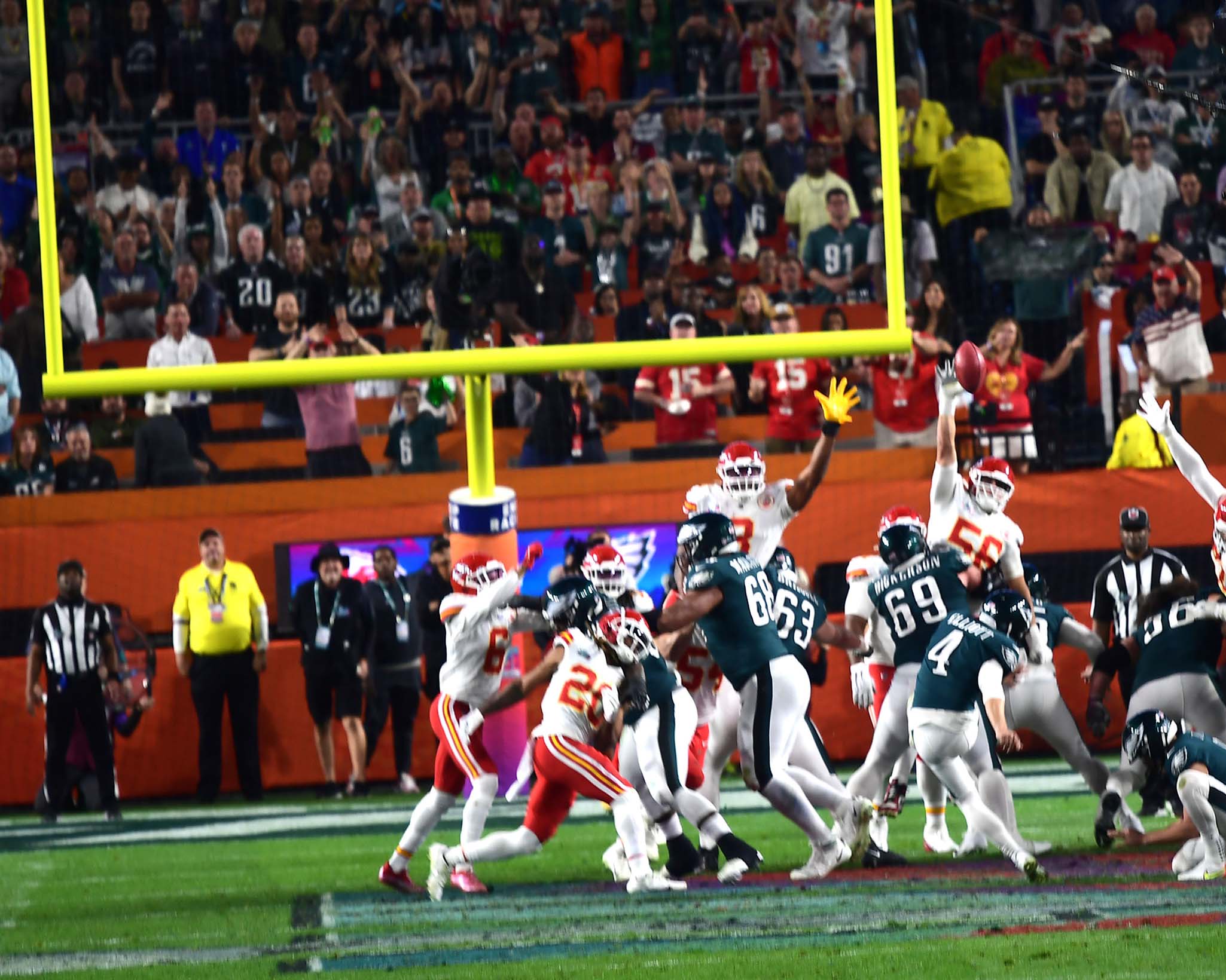 Philadelphia Eagles place kicker, JAKE ELLIOT, kicks a field goal giving the Eagles a 27-21 lead at the end of the third quarter. The Chiefs rallied in the fourth quarter to win 38-35 on a last minute field goal.
