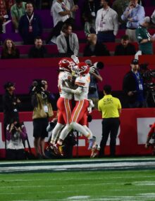 Kansas City Chiefs celebrate scoring a go-ahead touchdown in the fourth quarter against the Philadelphia Eagles in Super Bowl LVII