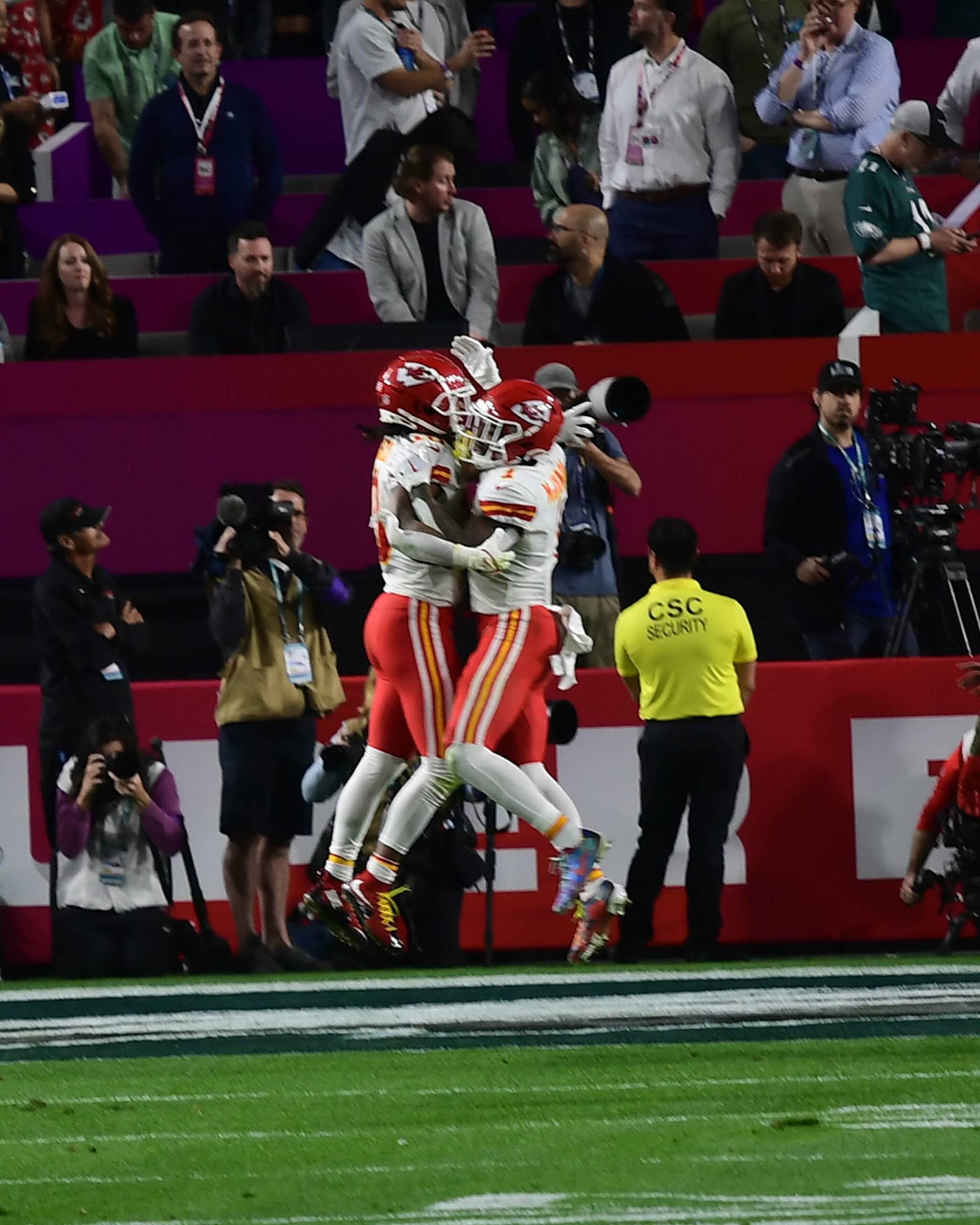 Kansas City Chiefs celebrate scoring a go-ahead touchdown in the fourth quarter against the Philadelphia Eagles in Super Bowl LVII